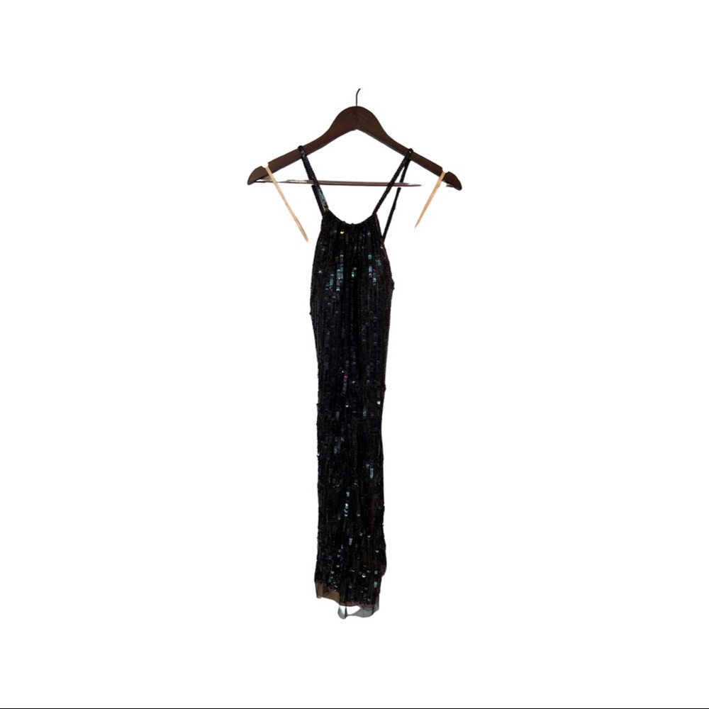 Basix black sequin high neck, low back cocktail dress
